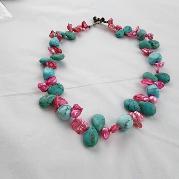 Hand Made Artisan Genuine Turquoise Blue Stone  Pink Baroque Pearls 18" NECKLACE - Picture 5 of 10